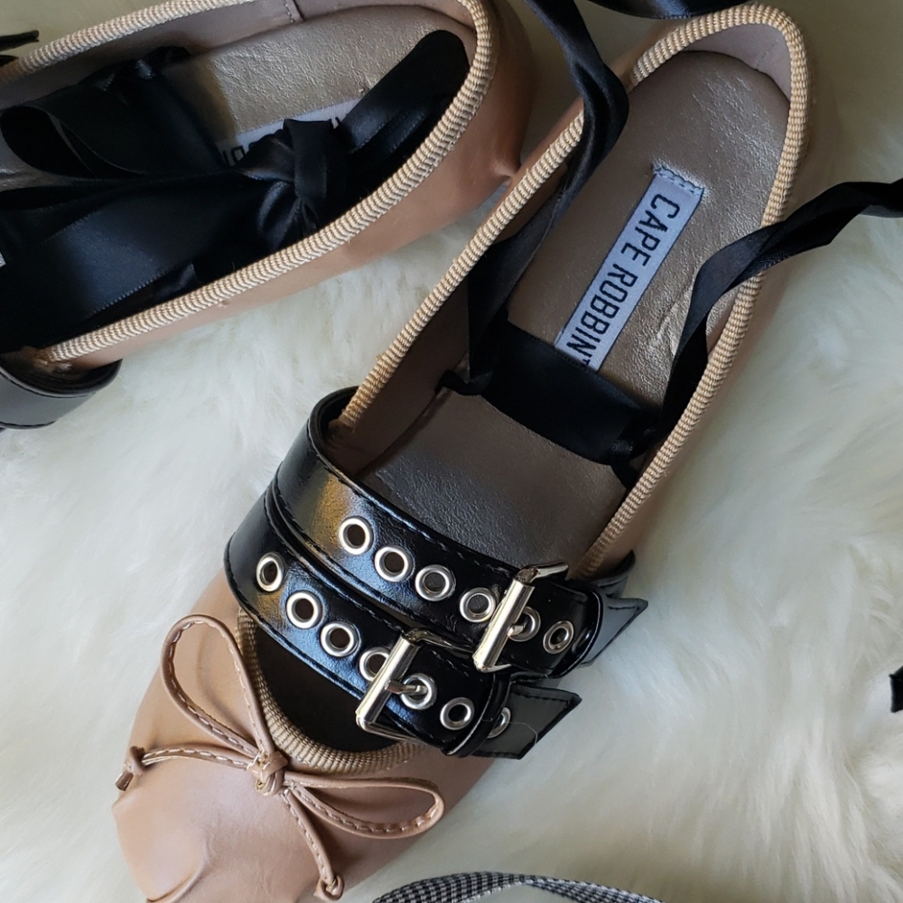 Ballet Flats with Buckles + Ribbon Ankle Wrap - Picture 3 of 7